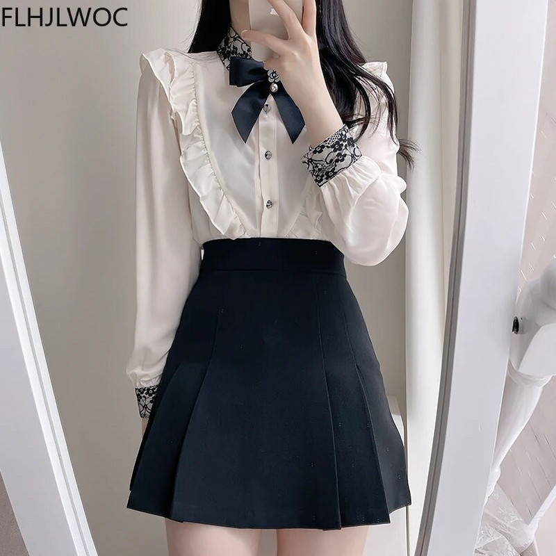 2023. gada rudens pavasaris Sieviešu piemīlīgi lentes tauriņi Preppy Style Vintage Japāna Korejas dizaina poga Eleganti formāli krekli Blūzes