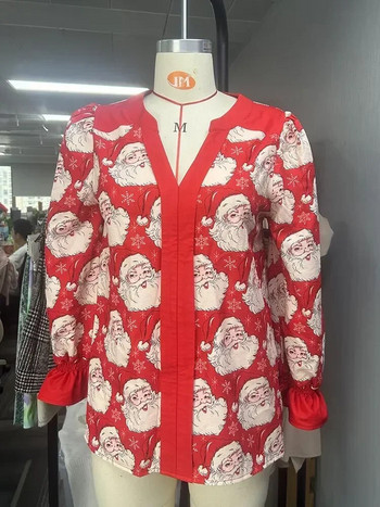 Χριστουγεννιάτικη εκτύπωση Αντίθεσης Πάνελ χρώματος Top Woman Santa Claus print πουκάμισα Αστείο πουκάμισο με λαιμόκοψη σε V casual μπλούζα