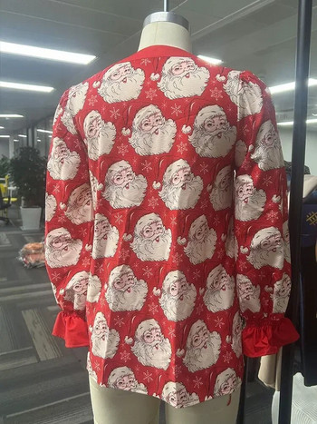Коледен принт Контрастен цветен горен панел Дамски ризи с принт на Дядо Коледа Забавна риза Ежедневна блуза с V-образно деколте