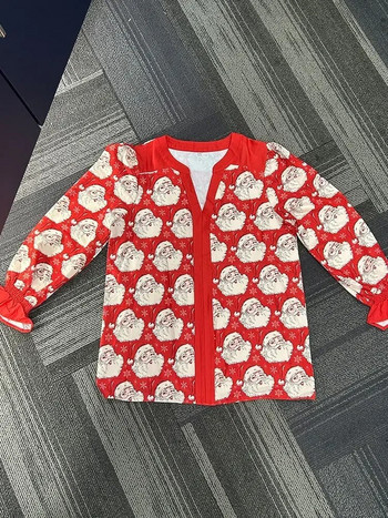 Коледен принт Контрастен цветен горен панел Дамски ризи с принт на Дядо Коледа Забавна риза Ежедневна блуза с V-образно деколте