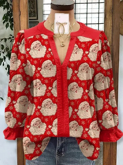 Jõuluprindiga kontrastvärvipaneel Top Naine Jõuluvana Printsärgid Naljakas särk V-kaelusega vabaaja pluus