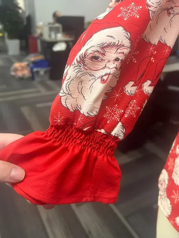 Jõuluprindiga kontrastvärvipaneel Top Naine Jõuluvana Printsärgid Naljakas särk V-kaelusega vabaaja pluus