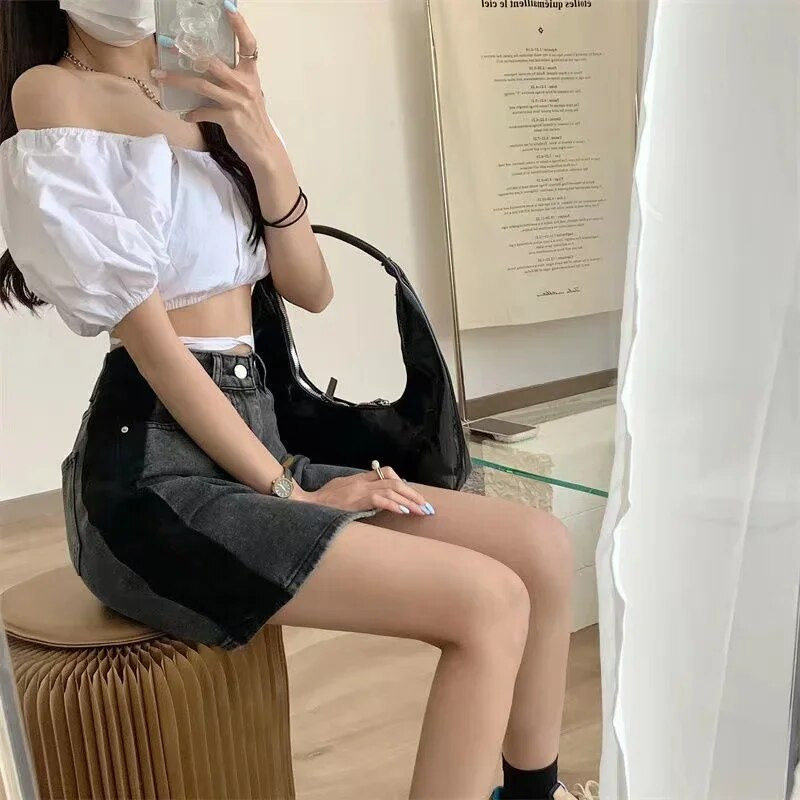 Stiilse disainiga lõhestatud mustad hallid seelikud Denim seelik Naiste Slim Fit seelikud Mikroseelik Naiste Korea stiilis Plus S-5XL seelik