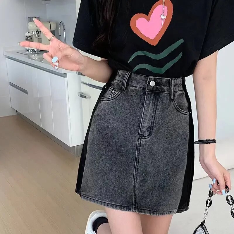 Stiilse disainiga lõhestatud mustad hallid seelikud Denim seelik Naiste Slim Fit seelikud Mikroseelik Naiste Korea stiilis Plus S-5XL seelik