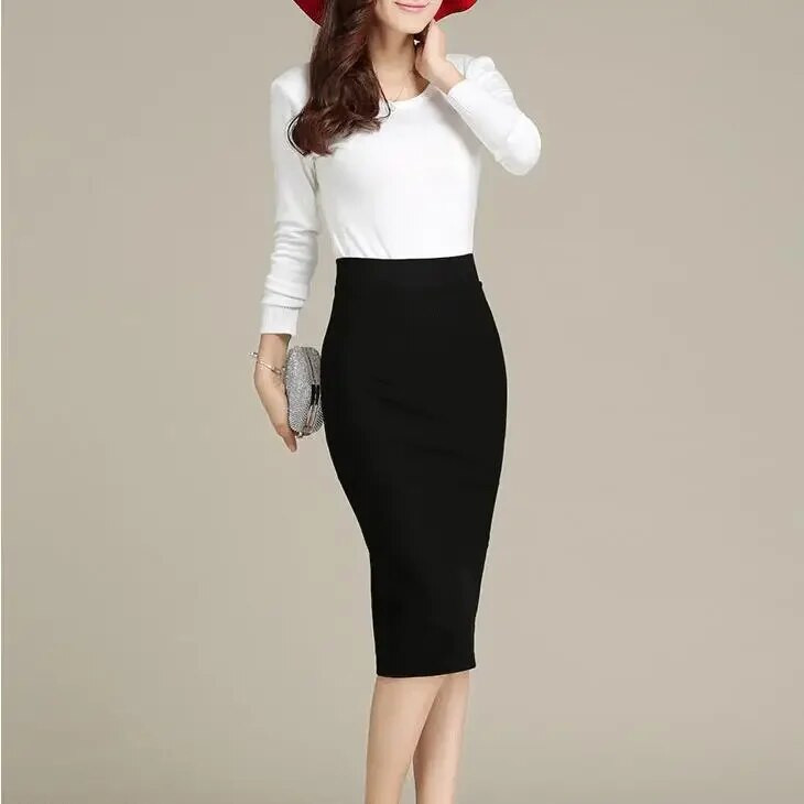 Elastingas aukštu juosmeniu biuro verslo ilgi sijonai su pieštuku Moteriški darbo drabužiai Stretch Bodycon Midi sijonas padalintas Faldas Plius dydis 4XL 5XL