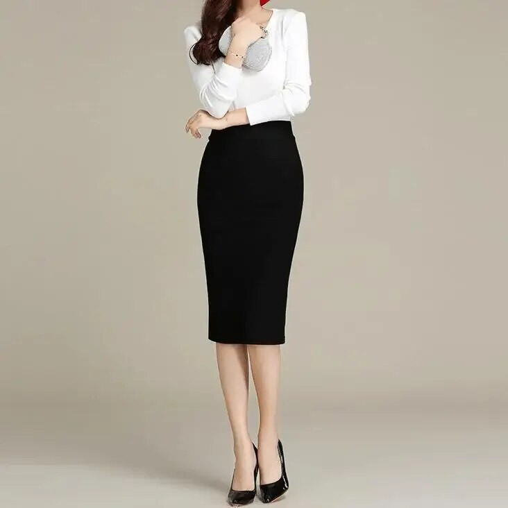 Elastingas aukštu juosmeniu biuro verslo ilgi sijonai su pieštuku Moteriški darbo drabužiai Stretch Bodycon Midi sijonas padalintas Faldas Plius dydis 4XL 5XL