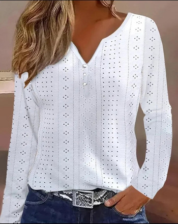 Дамски тениски с дълги ръкави, издълбана риза с V-образно деколте, нова есенна 2023 г., едноцветна пачуърк блуза, елегантни офис дамски топове S-2XL