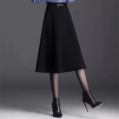 FairyShely 2023 sügistalvine kõrge vöökohaga plusssuuruses põlvseelik Naiste vabaaja taskuvillane soe seelik Naistele mõeldud ühe joonega seelik