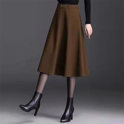 FairyShely 2023 sügistalvine kõrge vöökohaga plusssuuruses põlvseelik Naiste vabaaja taskuvillane soe seelik Naistele mõeldud ühe joonega seelik