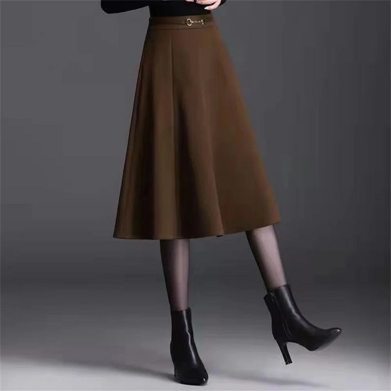 FairyShely 2023 sügistalvine kõrge vöökohaga plusssuuruses põlvseelik Naiste vabaaja taskuvillane soe seelik Naistele mõeldud ühe joonega seelik