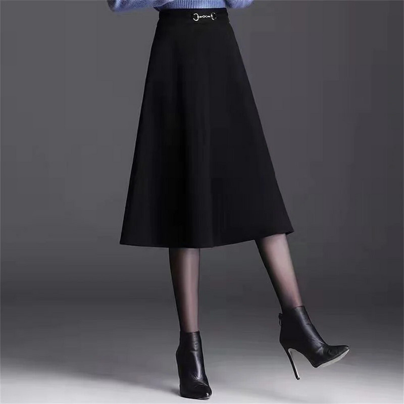 FairyShely 2023 sügistalvine kõrge vöökohaga plusssuuruses põlvseelik Naiste vabaaja taskuvillane soe seelik Naistele mõeldud ühe joonega seelik