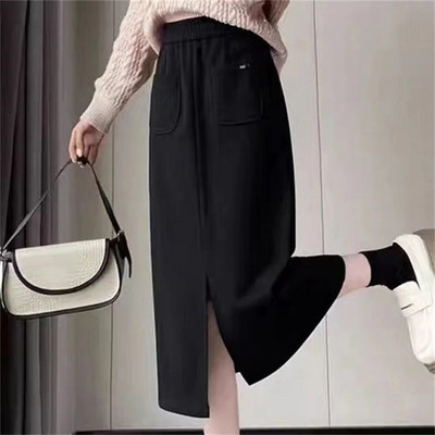 FairyShely, 2023 m. rudens, žiemos aukštas juosmuo, didelio dydžio sijonas keliems moterims Kišeninis vilnonis šiltas sijonas pieštukas Vent Moteriškas solidus sijonas