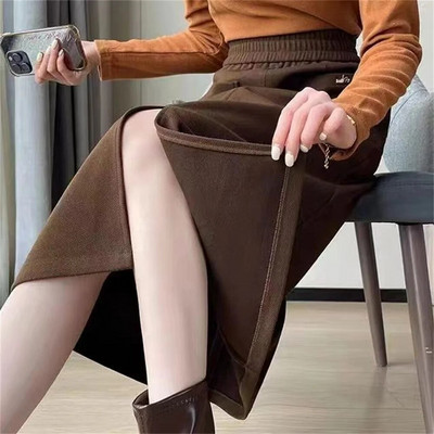 FairyShely, 2023 m. rudens, žiemos aukštas juosmuo, didelio dydžio sijonas keliems moterims Kišeninis vilnonis šiltas sijonas pieštukas Vent Moteriškas solidus sijonas