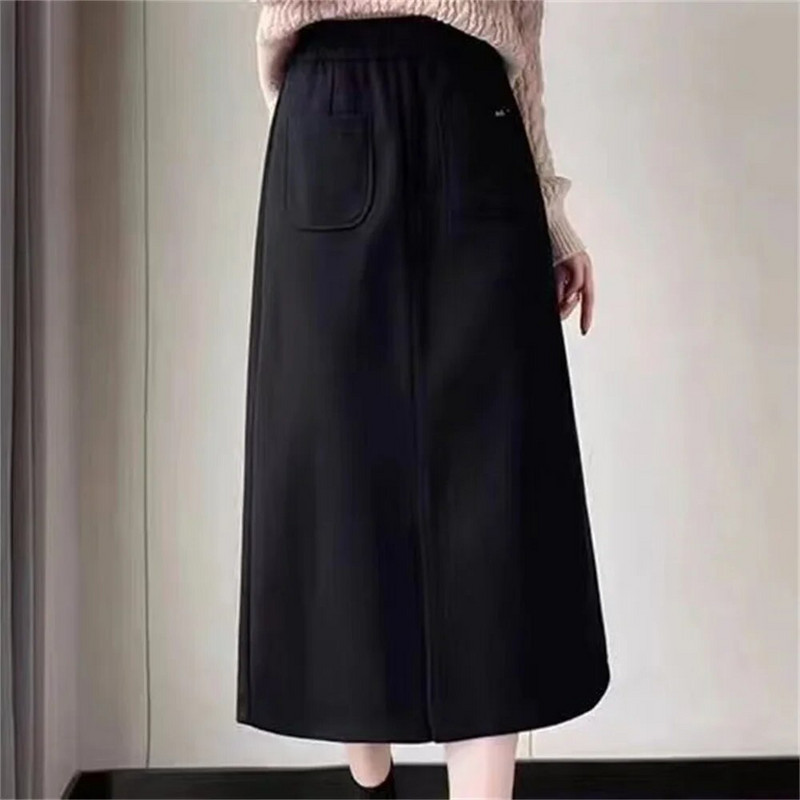 FairyShely, 2023 m. rudens, žiemos aukštas juosmuo, didelio dydžio sijonas keliems moterims Kišeninis vilnonis šiltas sijonas pieštukas Vent Moteriškas solidus sijonas