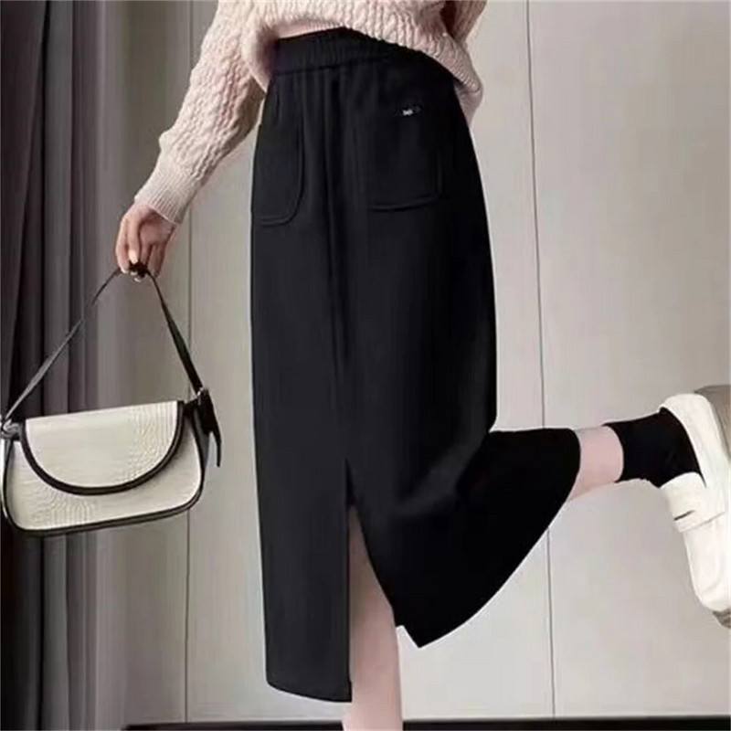 FairyShely, 2023 m. rudens, žiemos aukštas juosmuo, didelio dydžio sijonas keliems moterims Kišeninis vilnonis šiltas sijonas pieštukas Vent Moteriškas solidus sijonas