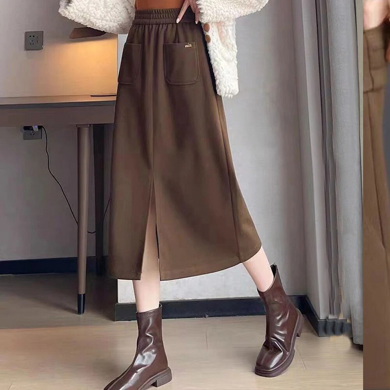 FairyShely, 2023 m. rudens, žiemos aukštas juosmuo, didelio dydžio sijonas keliems moterims Kišeninis vilnonis šiltas sijonas pieštukas Vent Moteriškas solidus sijonas