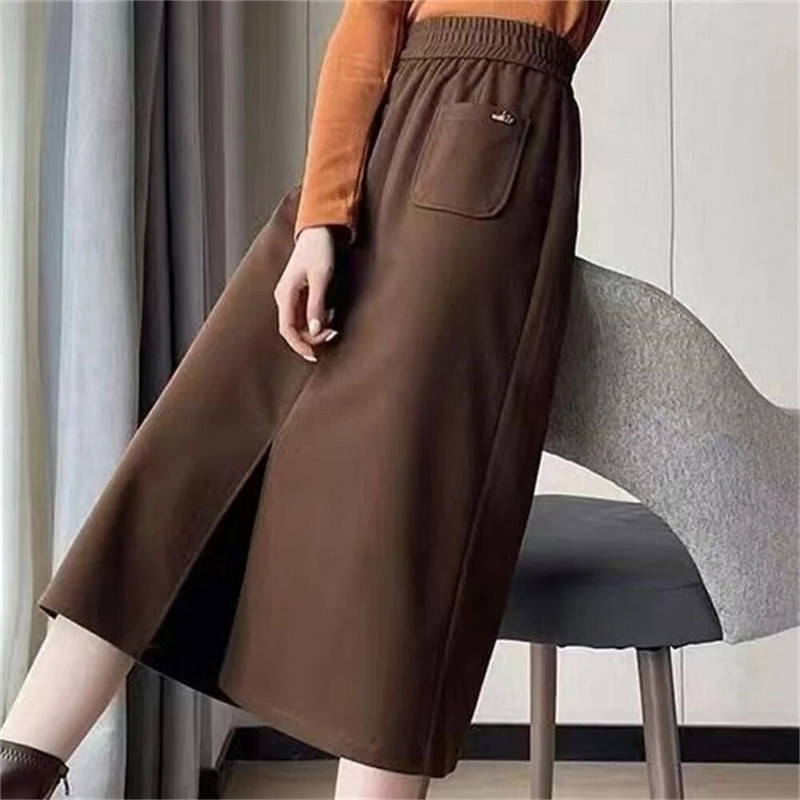 FairyShely, 2023 m. rudens, žiemos aukštas juosmuo, didelio dydžio sijonas keliems moterims Kišeninis vilnonis šiltas sijonas pieštukas Vent Moteriškas solidus sijonas