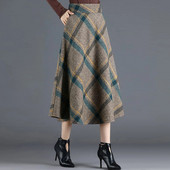 FairyShely 2023, sügistalvine kõrge vöökohaga plusssuuruses põlvseelik Naiste vabaaja taskuvillane soe seelik Naiste ruuduline seelik