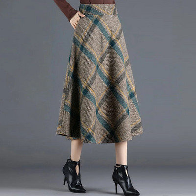 FairyShely 2023, sügistalvine kõrge vöökohaga plusssuuruses põlvseelik Naiste vabaaja taskuvillane soe seelik Naiste ruuduline seelik