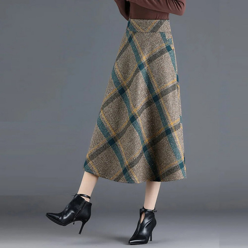 FairyShely 2023, sügistalvine kõrge vöökohaga plusssuuruses põlvseelik Naiste vabaaja taskuvillane soe seelik Naiste ruuduline seelik