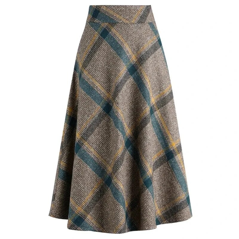 FairyShely 2023, sügistalvine kõrge vöökohaga plusssuuruses põlvseelik Naiste vabaaja taskuvillane soe seelik Naiste ruuduline seelik