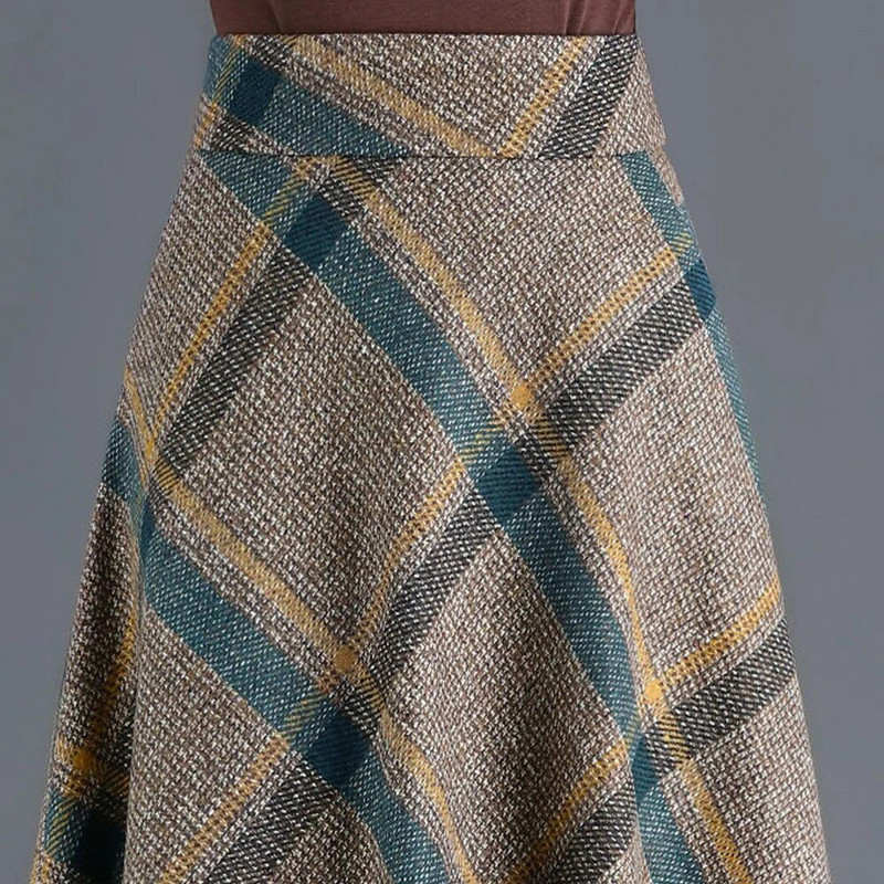 FairyShely 2023, sügistalvine kõrge vöökohaga plusssuuruses põlvseelik Naiste vabaaja taskuvillane soe seelik Naiste ruuduline seelik