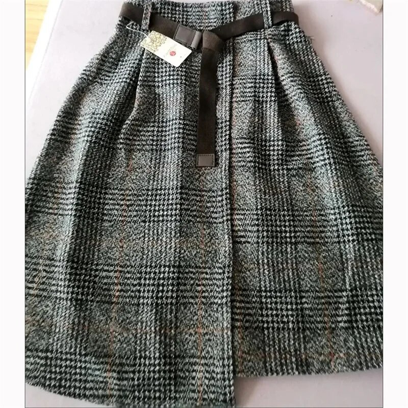 Talvine ebakorrapärase servaga ruuduline lapiline villane seelik Korea moodne lukuga kõrge vöökohaga naiste midiseelik Elegantne suures suuruses lahtine seelik