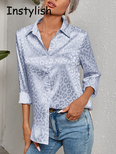 Дамска луксозна блуза с леопардов принт Пролет Лято Lapen с дълъг ръкав Ретро риза с копчета Офис дамска сатенена туника Harajuku Top