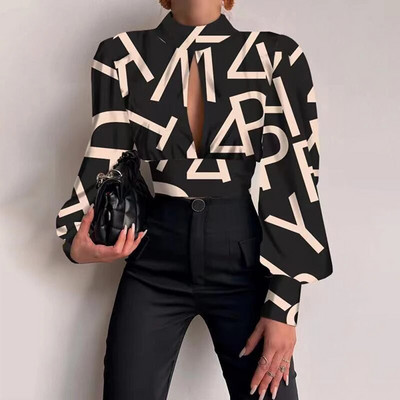 Naiste seksikad seljata õõnsa prindiga särgid, moepeol, 2023. aasta kevadine vabaaja alus, pikkade varrukatega kontoripluusid ja topp