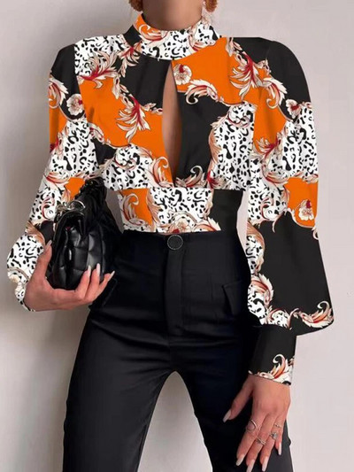 Naiste seksikad seljata õõnsa prindiga särgid, moepeol, 2023. aasta kevadine vabaaja alus, pikkade varrukatega kontoripluusid ja topp