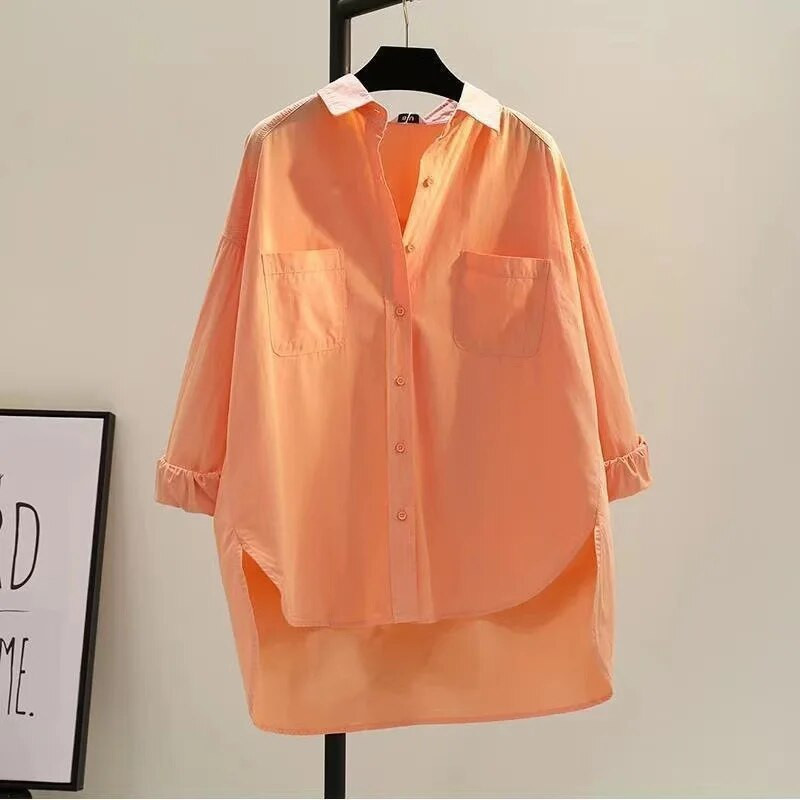 Sieviešu krekls 2023 Jaunas blūzes Pavasara Vasaras Mode Lielizmēra Kokvilnas Garās Piedurknes Brīvi Ielu apģērbi Ikdienas krekli Tops Apģērbs