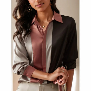 Пролетна ретро сатенена дамска блуза с дълъг ръкав Есенна риза с копчета с поло яка Елегантни ежедневни свободни топове Дрехи Ново 18146