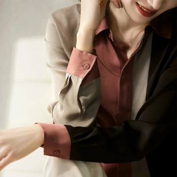 Пролетна ретро сатенена дамска блуза с дълъг ръкав Есенна риза с копчета с поло яка Елегантни ежедневни свободни топове Дрехи Ново 18146