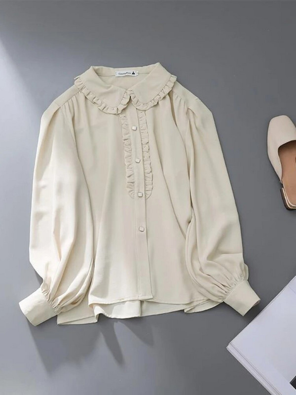 HOUZHOU Sweet Kawaii pluus Lolita armsad volangid Elegantsed vintage pikkade varrukatega särgid Naiste vabad vabaaja Peter Pan kraega topid