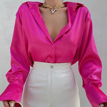 Елегантни сатенени ризи Дамски модни топове 2023 Пролетни едноцветни блузи с дълъг ръкав Винтидж лилави Ежедневни свободни копчета Дрехи 18913