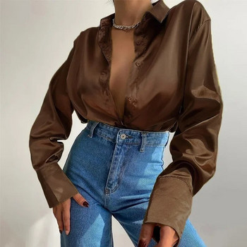 Κομψά σατέν πουκάμισα γυναικεία μπλουζάκια μόδας 2023 Ανοιξιάτικες μονόχρωμες μακρυμάνικοι μπλούζες Vintage μωβ casual χαλαρά κουμπιά Ρούχα 18913
