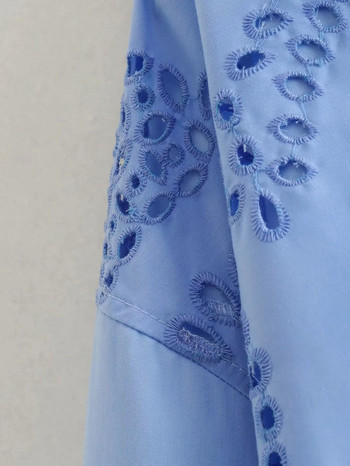 TRAF Дълга риза с бродерия Дамски сини големи ризи за жени Ризи и блузи с копчета с дълъг ръкав