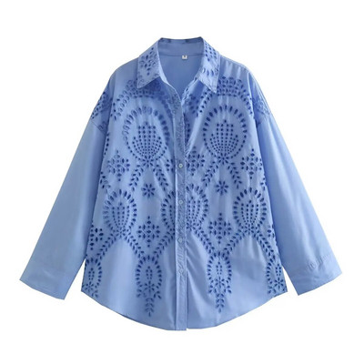 TRAF Dugačka košulja s vezom Ženske plave prekomjerne košulje za žene Izrezana ženska košulja dugih rukava Košulje i bluze na kopčanje