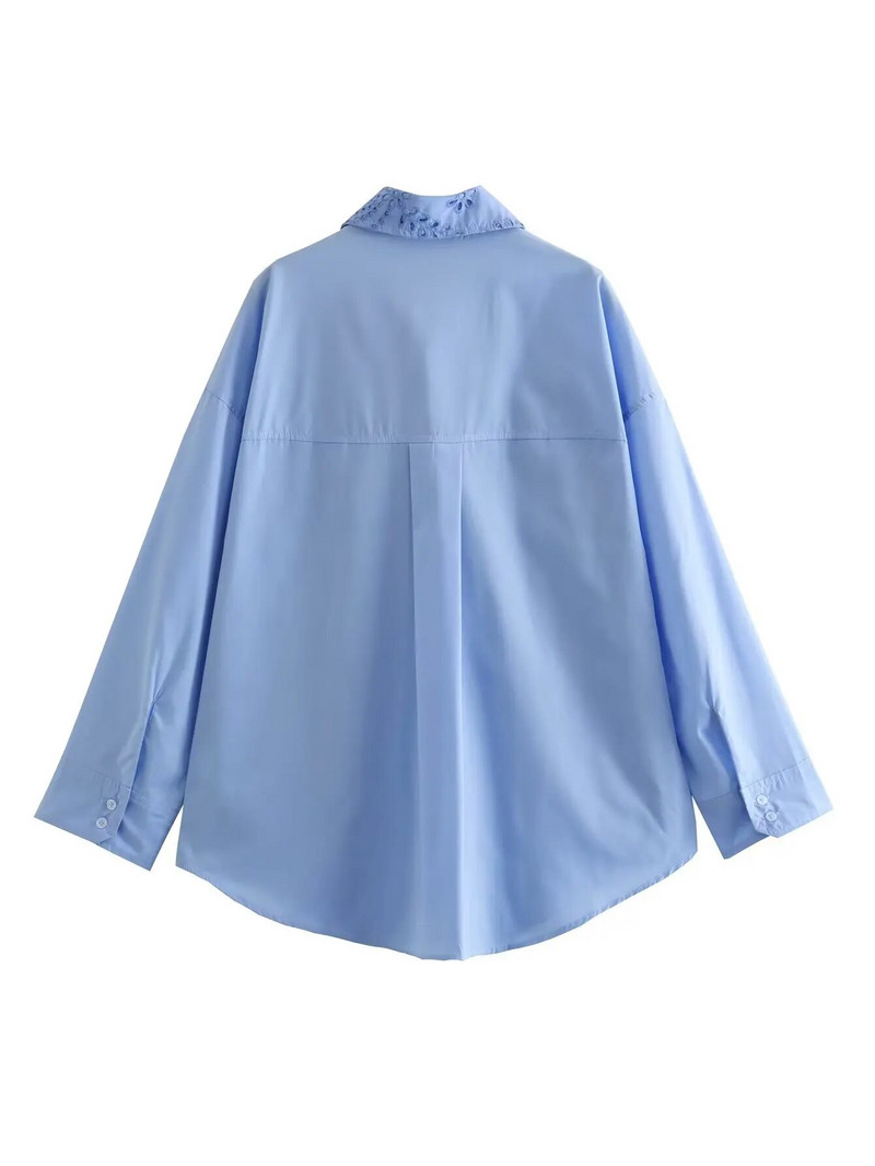 TRAF Dugačka košulja s vezom Ženske plave prekomjerne košulje za žene Izrezana ženska košulja dugih rukava Košulje i bluze na kopčanje