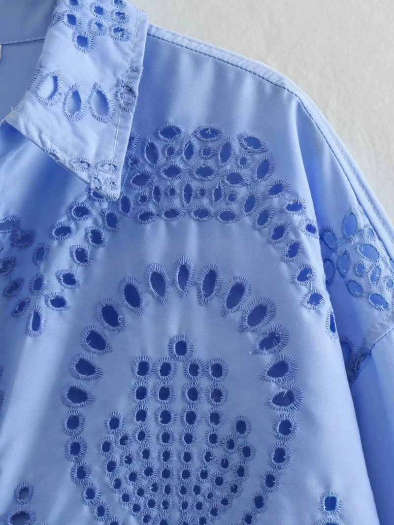 TRAF Dugačka košulja s vezom Ženske plave prekomjerne košulje za žene Izrezana ženska košulja dugih rukava Košulje i bluze na kopčanje