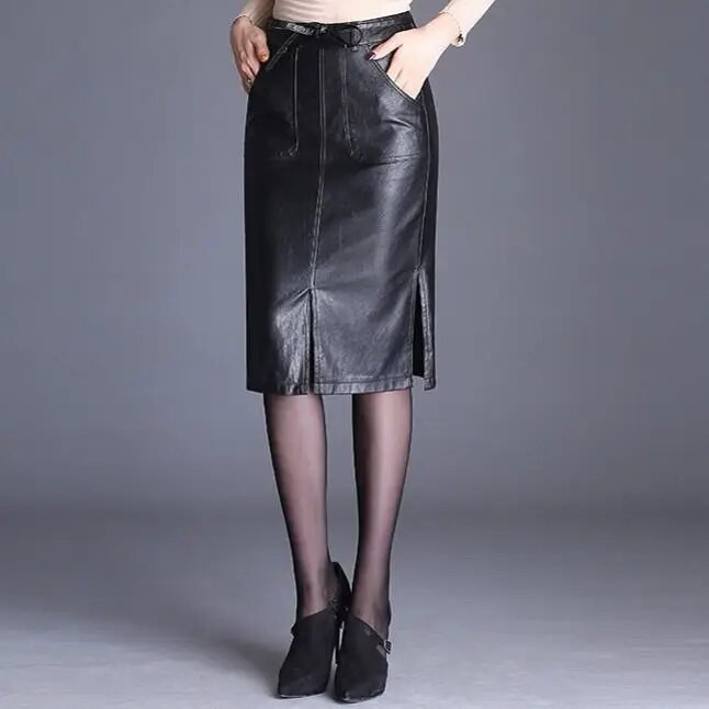 Must PU-nahast seelik, naiste 2023. aasta sügis, uus Midi, kõrge vöökoht, puusa keha, poolitatud A-joonega põlvepikkus, N94