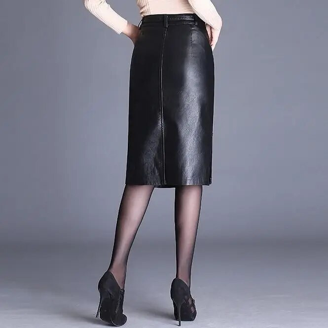 Must PU-nahast seelik, naiste 2023. aasta sügis, uus Midi, kõrge vöökoht, puusa keha, poolitatud A-joonega põlvepikkus, N94