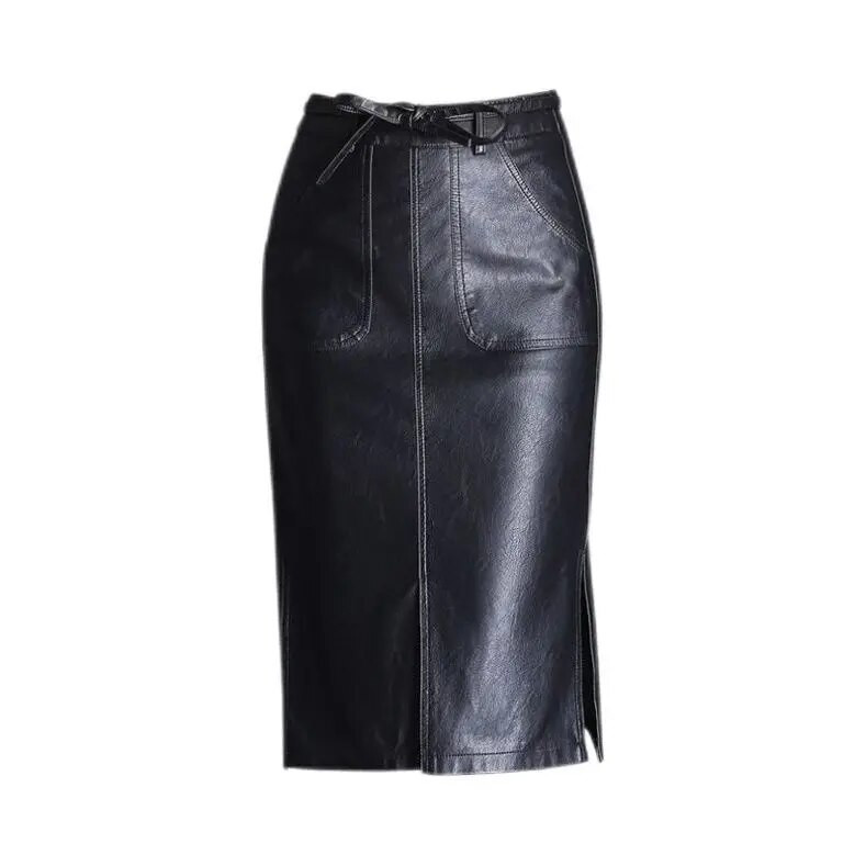 Must PU-nahast seelik, naiste 2023. aasta sügis, uus Midi, kõrge vöökoht, puusa keha, poolitatud A-joonega põlvepikkus, N94