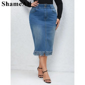 Sieviešu lielizmēra ikdienas džinsa svārki, mazgāti ar pogām, augsti paceļami bārkstis, Midi džinsa svārki, garie svārki aizmugurē