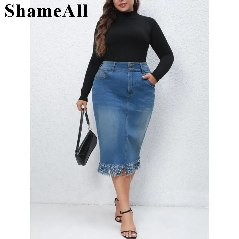 Sieviešu lielizmēra ikdienas džinsa svārki, mazgāti ar pogām, augsti paceļami bārkstis, Midi džinsa svārki, garie svārki aizmugurē