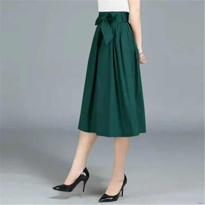 Uus Plus Size Uus elastne kõrge vöökohaga vöö, pitsiline Bowknot Midi seelik Office Lady must plisseeritud Korea moe seelik Elegant M98