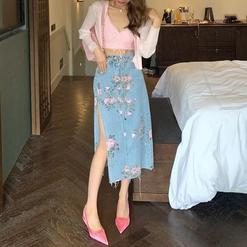 Ljetna seksi traper suknja Ženske ležerne Splitske suknje visokog struka Ulična modna vintage midi suknja s cvjetnim printom Ženska velika veličina