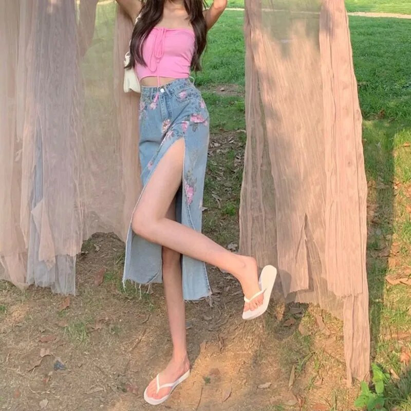 Ljetna seksi traper suknja Ženske ležerne Splitske suknje visokog struka Ulična modna vintage midi suknja s cvjetnim printom Ženska velika veličina