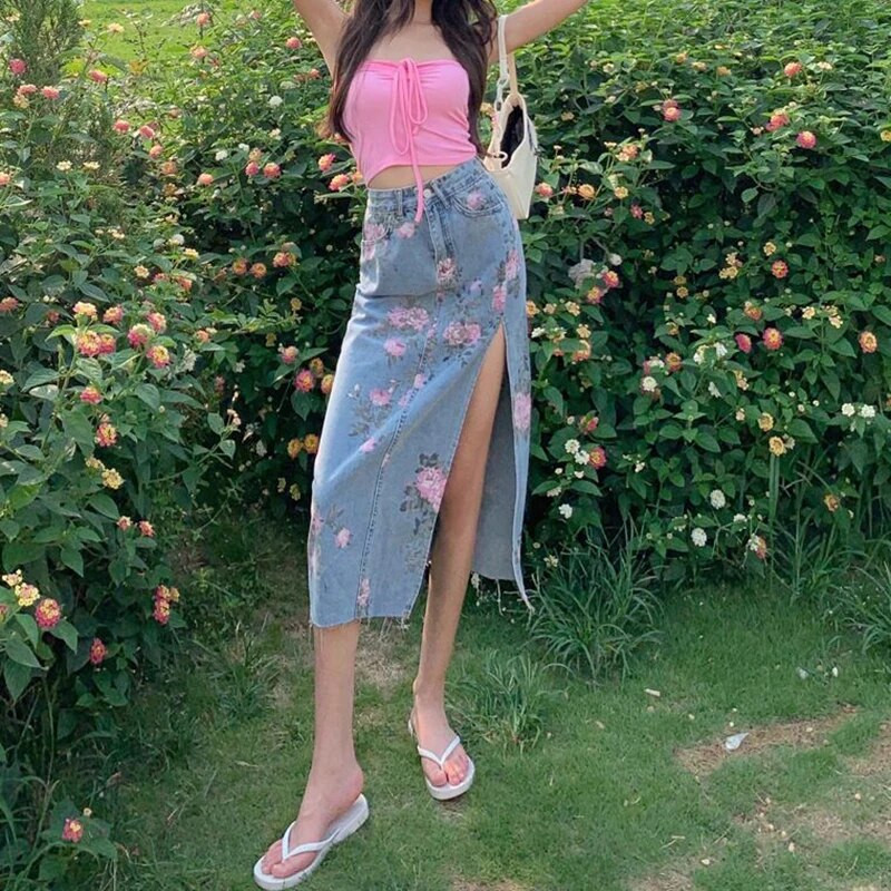 Ljetna seksi traper suknja Ženske ležerne Splitske suknje visokog struka Ulična modna vintage midi suknja s cvjetnim printom Ženska velika veličina