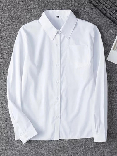 Zoki Бяла дамска риза Модна ежедневна риза с дълги ръкави Женска блуза с широки джобни копчета Елегантни офис дамски блузи